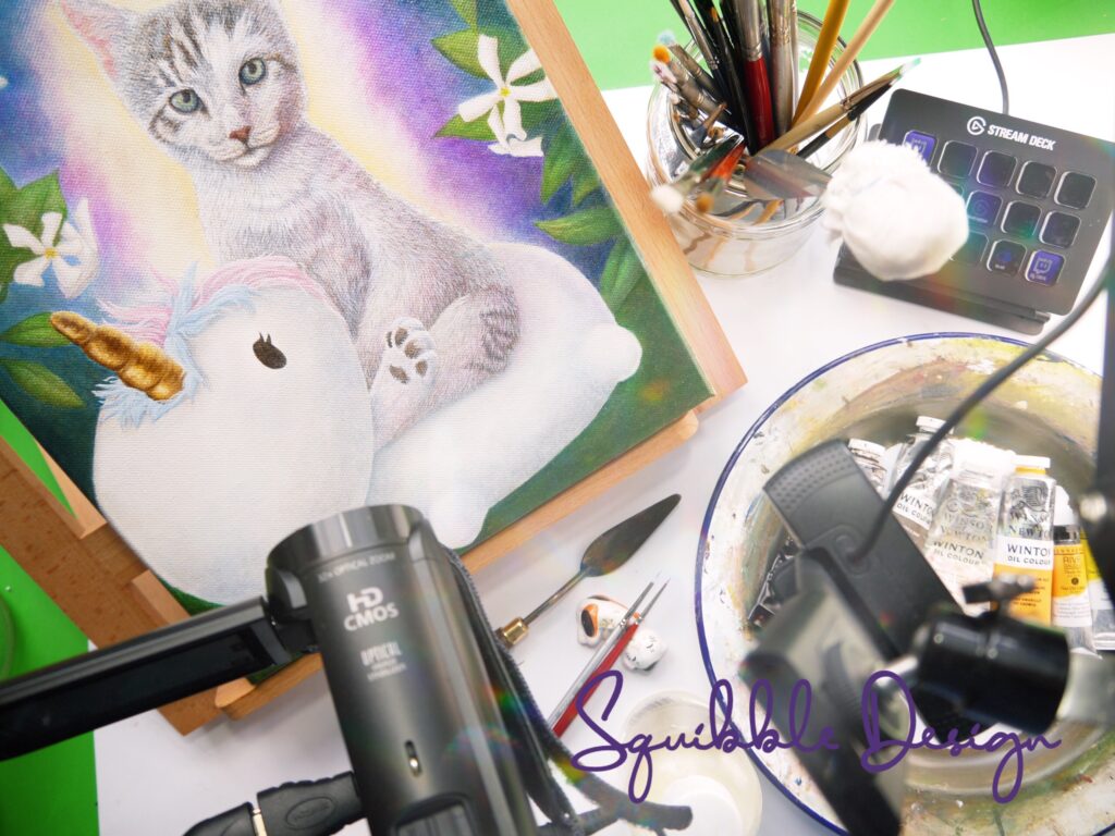 An overhead view of my setup for stream oil painting commissions.